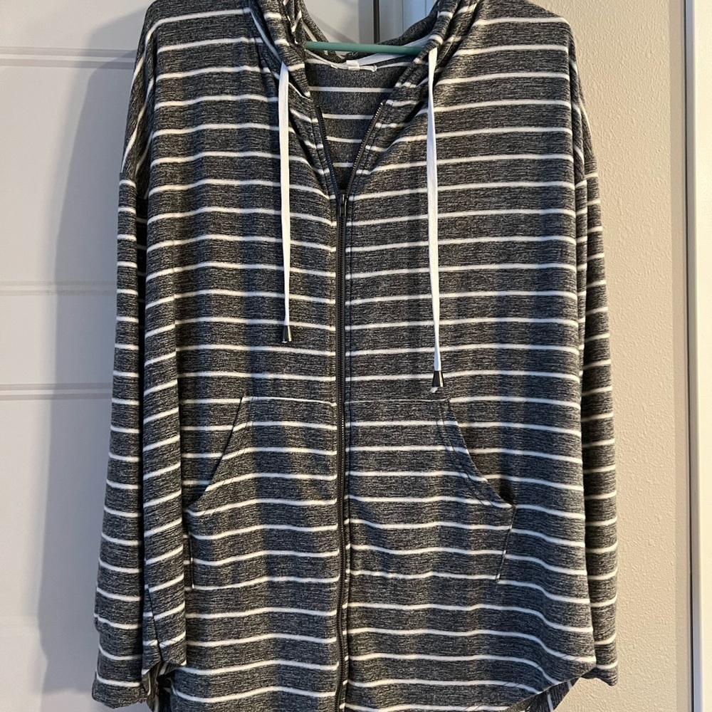 Maurices Gray and White Striped Hoodie Sweatshirt